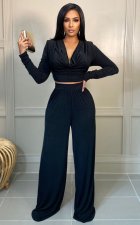 Black Backless Long Sleeve Top Wide Leg Pants 2 Piece Sets LSL-6484