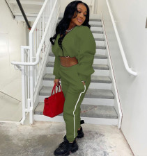 Solid Zipper Long Sleeve Crop Top And Pants 2 Piece Sets WY-6866