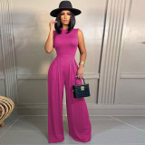 Solid Sleeveless Bodysuit Wide Leg Pants Two Piece Sets FSXF-F328