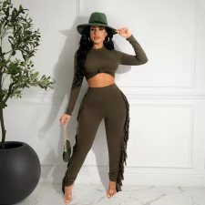 Solid Long Sleeve Tassel Pants Two Piece Sets OYF-8287