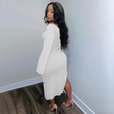 Plus Size Solid Long Sleeve Split Slim Midi Dress HNIF-062