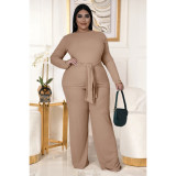 Plus Size Solid Long Sleeve Two Piece Pants Set ASL-7058