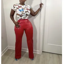PU Leather Back Zipper Straight Pants BN-B313