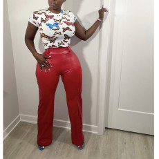 PU Leather Back Zipper Straight Pants BN-B313