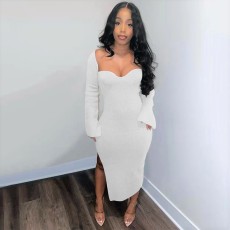 Plus Size Solid Long Sleeve Split Slim Midi Dress HNIF-062