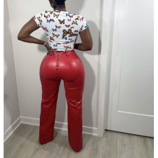 PU Leather Back Zipper Straight Pants BN-B313