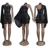 Plus Size Sexy Mesh Hot Drilling One Shoulder Club Dress NY-SK2242