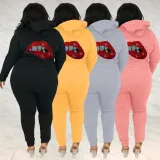 Plus Size Hot Drilling Lip Hooded Zipper 2 Piece Sets WAF-77375T118
