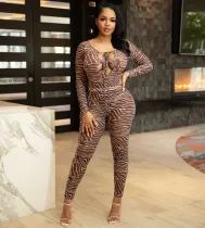 Sexy Mesh Printed Long Sleeve Bodysuit+Pants 2 Piece Sets MEM-88406