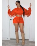 Solid Tassel Hooded Long Sleeve 2 Piece Shorts Set MEM-88408