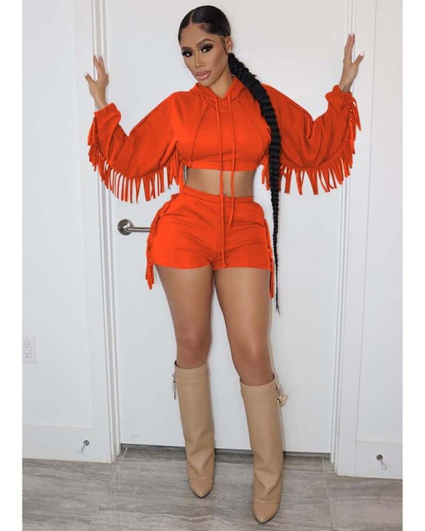 Solid Tassel Hooded Long Sleeve 2 Piece Shorts Set MEM-88408
