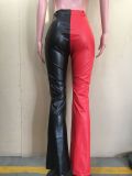 PU Leather Contrast Color Flared Pants ORY-5217