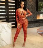 Sexy Mesh Printed Long Sleeve Bodysuit+Pants 2 Piece Sets MEM-88406