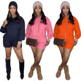 Solid Long Sleeve Top And Shorts Two Piece Sets MEM-88409