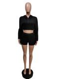 Solid Tassel Hooded Long Sleeve 2 Piece Shorts Set MEM-88408