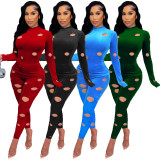 Solid Hole Long Sleeve Slim Two Piece Pants Set WSM-5291