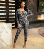Sexy Mesh Printed Long Sleeve Bodysuit+Pants 2 Piece Sets MEM-88406