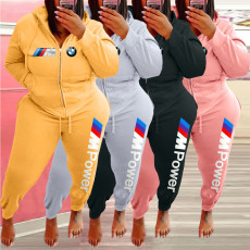 Plus Size Fleece Printed Zipper Hoodies 2 Piece Sets WAF-77371
