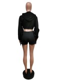 Solid Tassel Hooded Long Sleeve 2 Piece Shorts Set MEM-88408