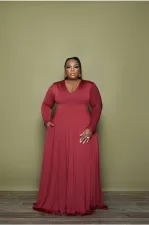 Plus Size Solid V Neck Long Sleeve Maxi Dress XMY-9336