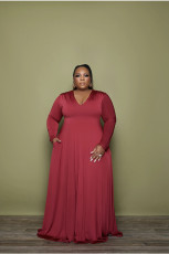 Plus Size Solid V Neck Long Sleeve Maxi Dress XMY-9336