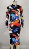 Sexy Printed Long Sleeve Zipper Midi Dress XMY-9334