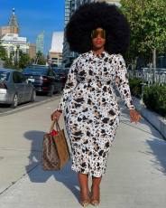 Plus Size Sexy Printed Long Sleeve Midi Dress XMY-9335
