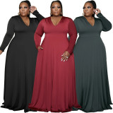 Plus Size Solid V Neck Long Sleeve Maxi Dress XMY-9336