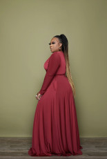 Plus Size Solid V Neck Long Sleeve Maxi Dress XMY-9336