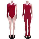 Sexy One Shoulder Bodysuit+Split Pants 2 Piece Sets ASL-6531