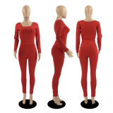 Solid Long Sleeve Fitness Slim Two Piece Pants Set DDF-88141