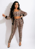 Snake Skin Print Zipper Coat+Tube Top+Pants 3 Piece Sets SHD-9356