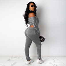 Solid Off Shoulder Lace Up Hoodoes Hole Pants 2 Piece Sets DDF-88142