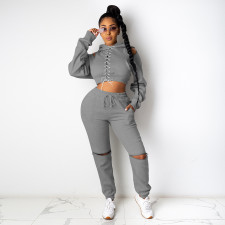 Solid Off Shoulder Lace Up Hoodoes Hole Pants 2 Piece Sets DDF-88142