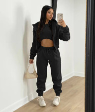 Solid Fleece Zipper Hoodie+Tank Top+Pants 3 Piece Sets TK-6209