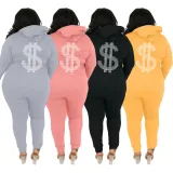 Plus Size Hot Drilling Hooded Zipper 2 Piece Sets WAF-77386T118