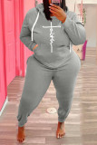 Plus Size Fleece Letter Print Hooded 2 Piece Sets WAF-773301