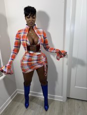Plaid Print Zipper Coat+Bra Top+Mini Skirt 3 Piece Sets WY-6870