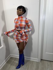 Plaid Print Zipper Coat+Bra Top+Mini Skirt 3 Piece Sets WY-6870
