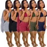 Solid Knitted Full Sleeve Coat+Bra Top+Shorts 3 Piece Sets BLX-8234