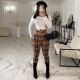 Casual Long Sleeve Top+Plaid Sling Jumpsuit 2 Piece Sets OLYF-96084