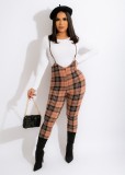 Casual Long Sleeve Top+Plaid Sling Jumpsuit 2 Piece Sets OLYF-96084