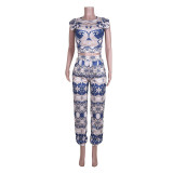 Plus Size Printed Short Sleeve Two Piece Sets JZHF-8041