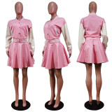 Trendy Baseball Jacket+PU Pleated Mini Skirt 2 Piece Sets WY-6875