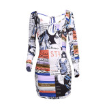 Sexy Printed Hollow Out Long Sleeve Mini Dress JZHF-8002