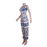 Plus Size Printed Short Sleeve Two Piece Sets JZHF-8041