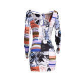 Sexy Printed Hollow Out Long Sleeve Mini Dress JZHF-8002
