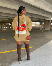 Lip Print Pocket Casual Loose Hoodie Dress JZHF-8093