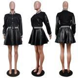 Trendy Baseball Jacket+PU Pleated Mini Skirt 2 Piece Sets WY-6875
