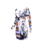 Sexy Printed Hollow Out Long Sleeve Mini Dress JZHF-8002